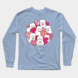 cartoon cute valentines day white cats many hearts Long Sleeve T-Shirt